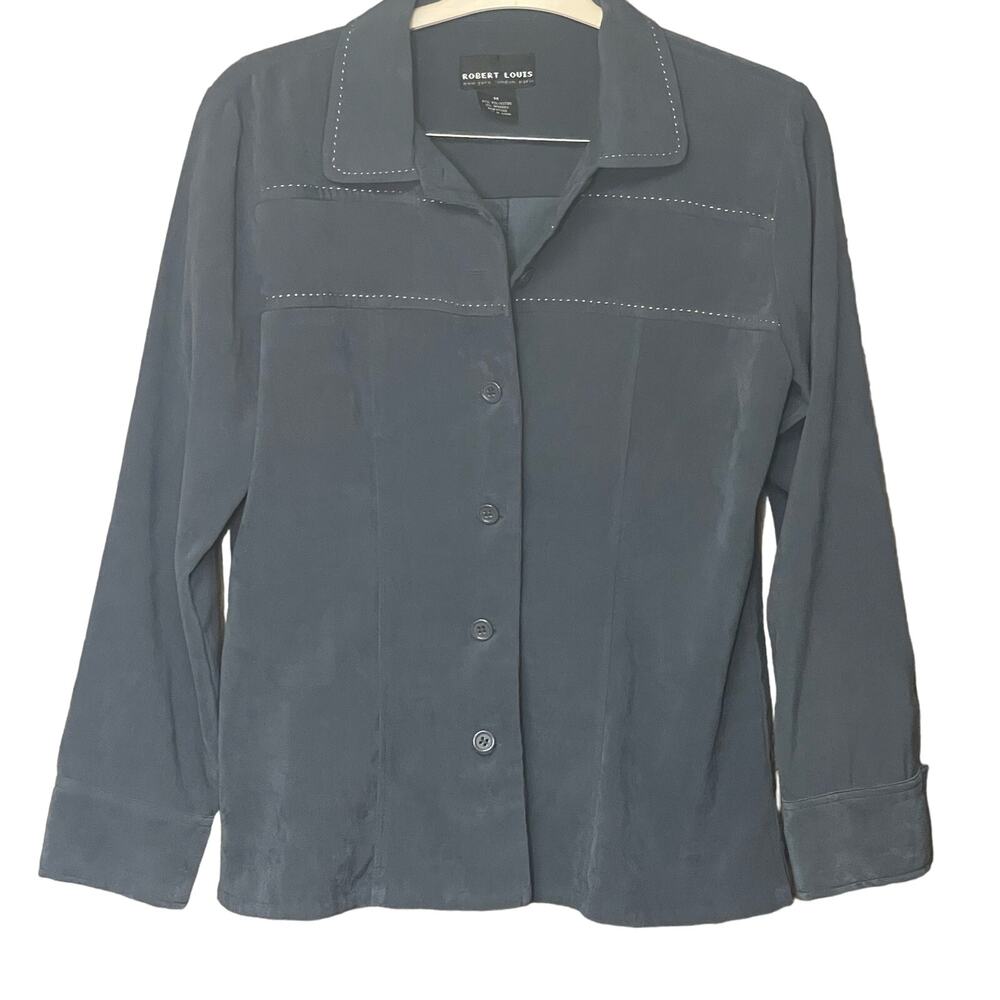 Robert Louis shacket top jacket teal blue tan accent stitching vintage size L